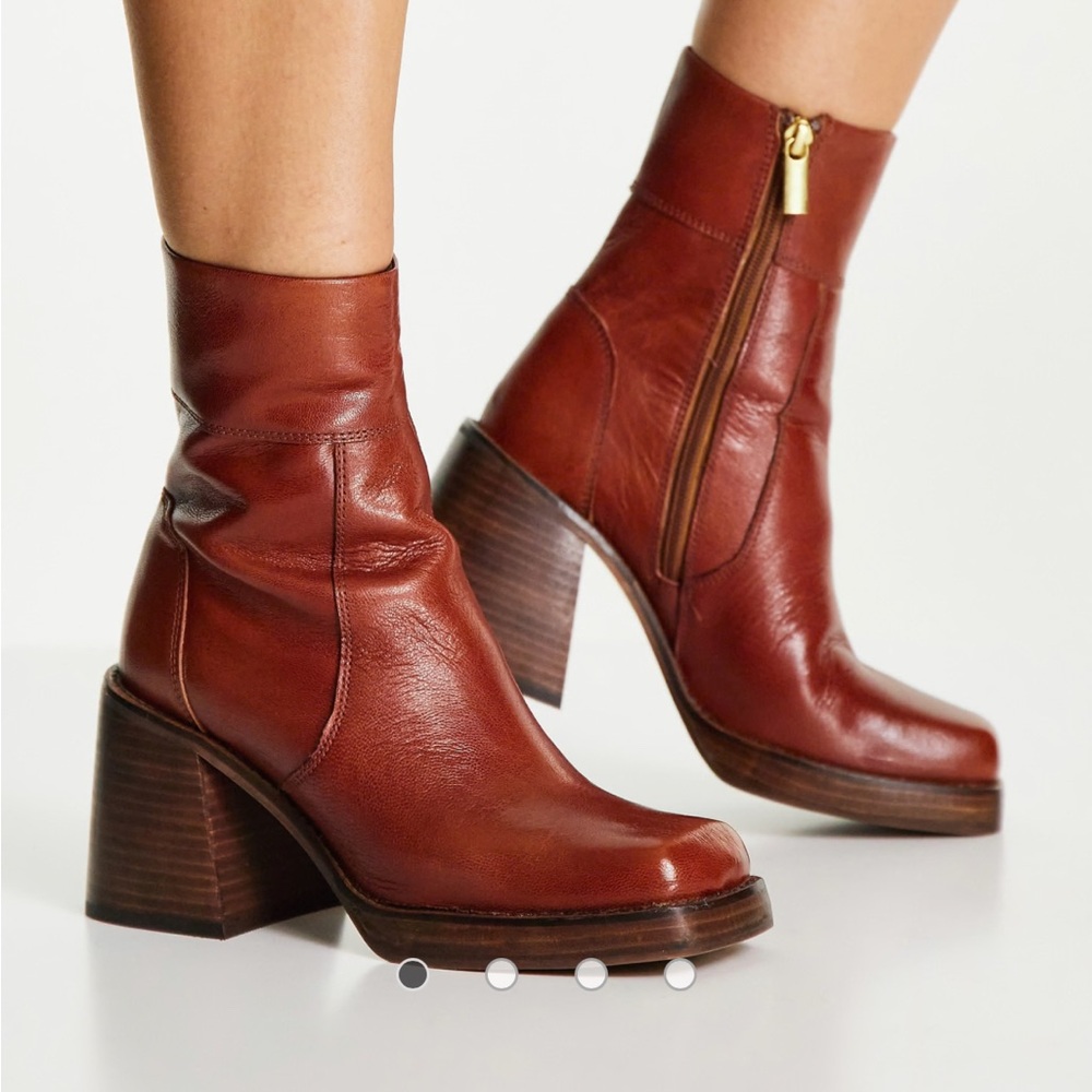 ASOS Leather Tan Heeled Mid- Heel Boots with Square Toe - Brand New